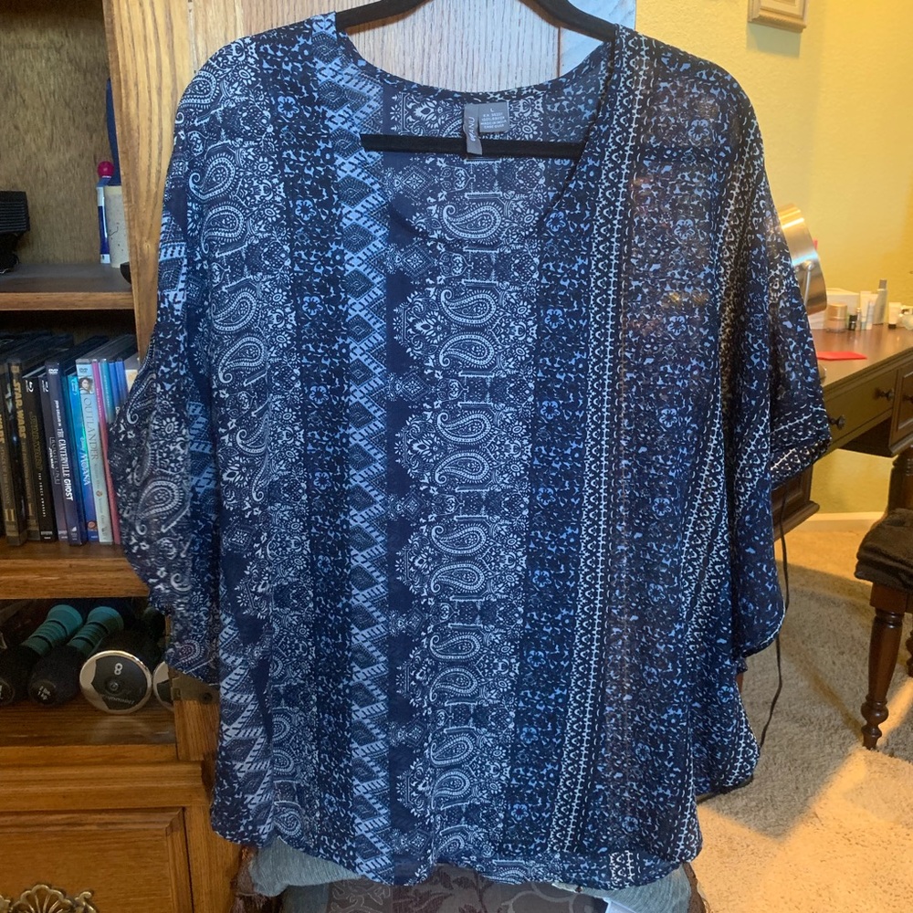 Anu Sheer Batwing Top in Blues with Black